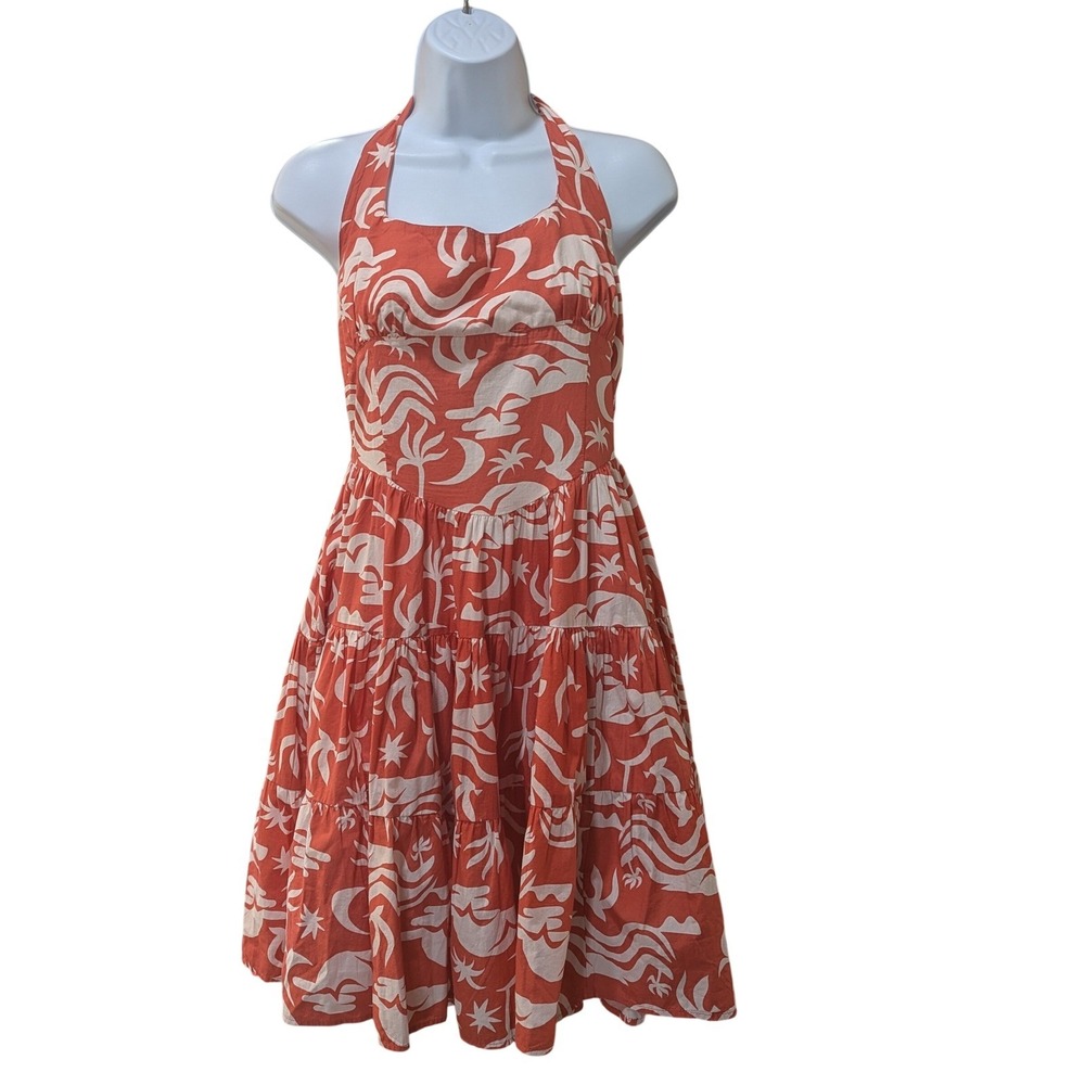Celandine Anthropologie Daniella Manini Orange White Tropical Halter Dress S NEW